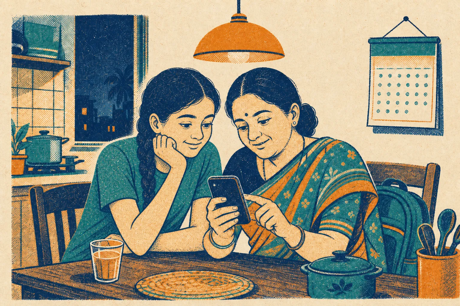 Meera and her mother look at a phone together at the kitchen table late at night.