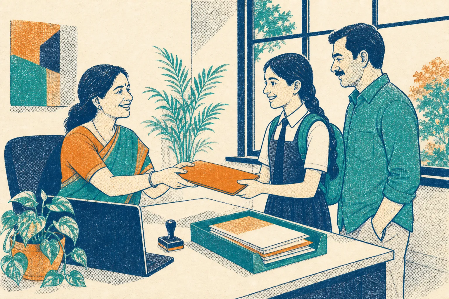A counsellor hands Meera her admission folder across the desk while her father looks on.